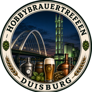 Logo des Hobbybrauertreffen Duisburg mit der Brücke der Solidarität, dem Stadtwerketurm und in paar Brauutensilien